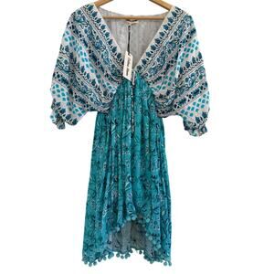 NWT Celina Moon Ariel Mini Kimono Dress Blue V-neck Medium Beach Boho Fairy